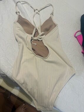 Kona Sol Cream Ribbed One-Piece Swimsuit with Tie-Back